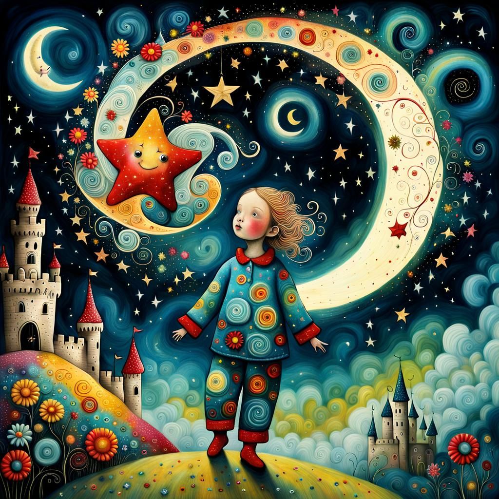 Surreal Toddler Dreamscape with Star, Whimsical Illustration