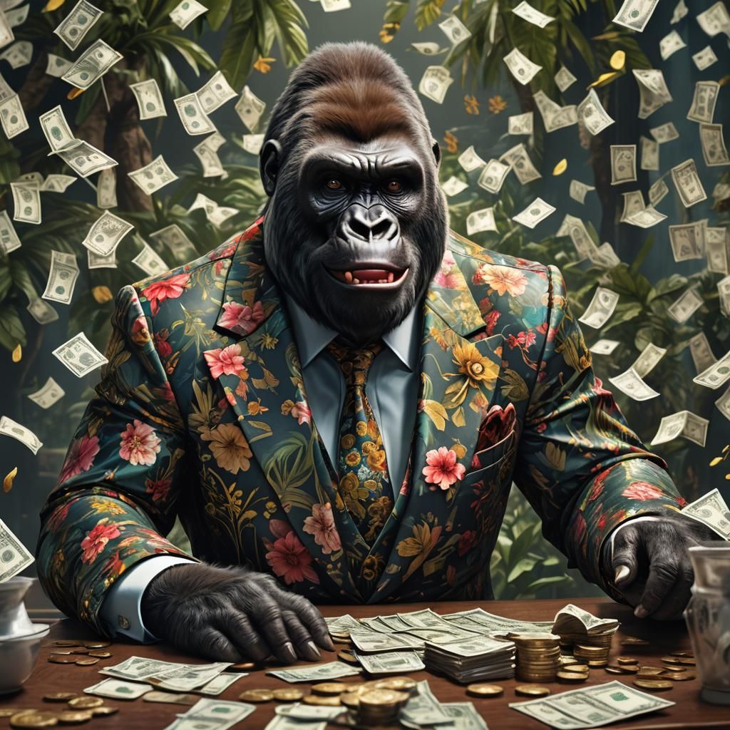 Gorilla in Floral Suit Counting Cash, Detailed Painting