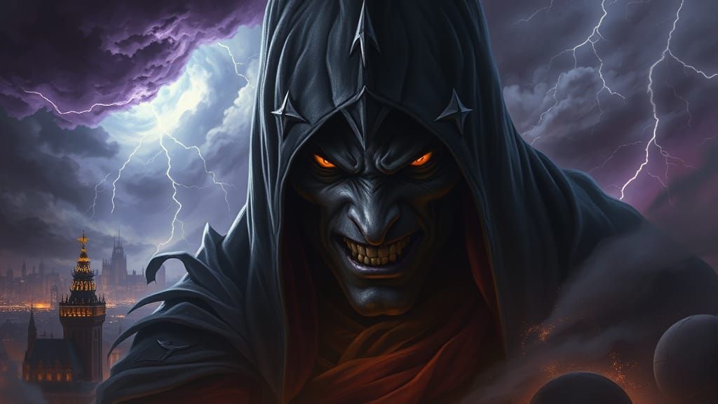 A striking illustration of a dark fantasy villain, their face hidden beneath a hood, with eyes full of fury and power. T...