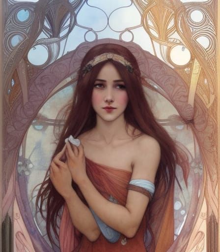 Elegant Maiden in Art Nouveau Watercolor Style