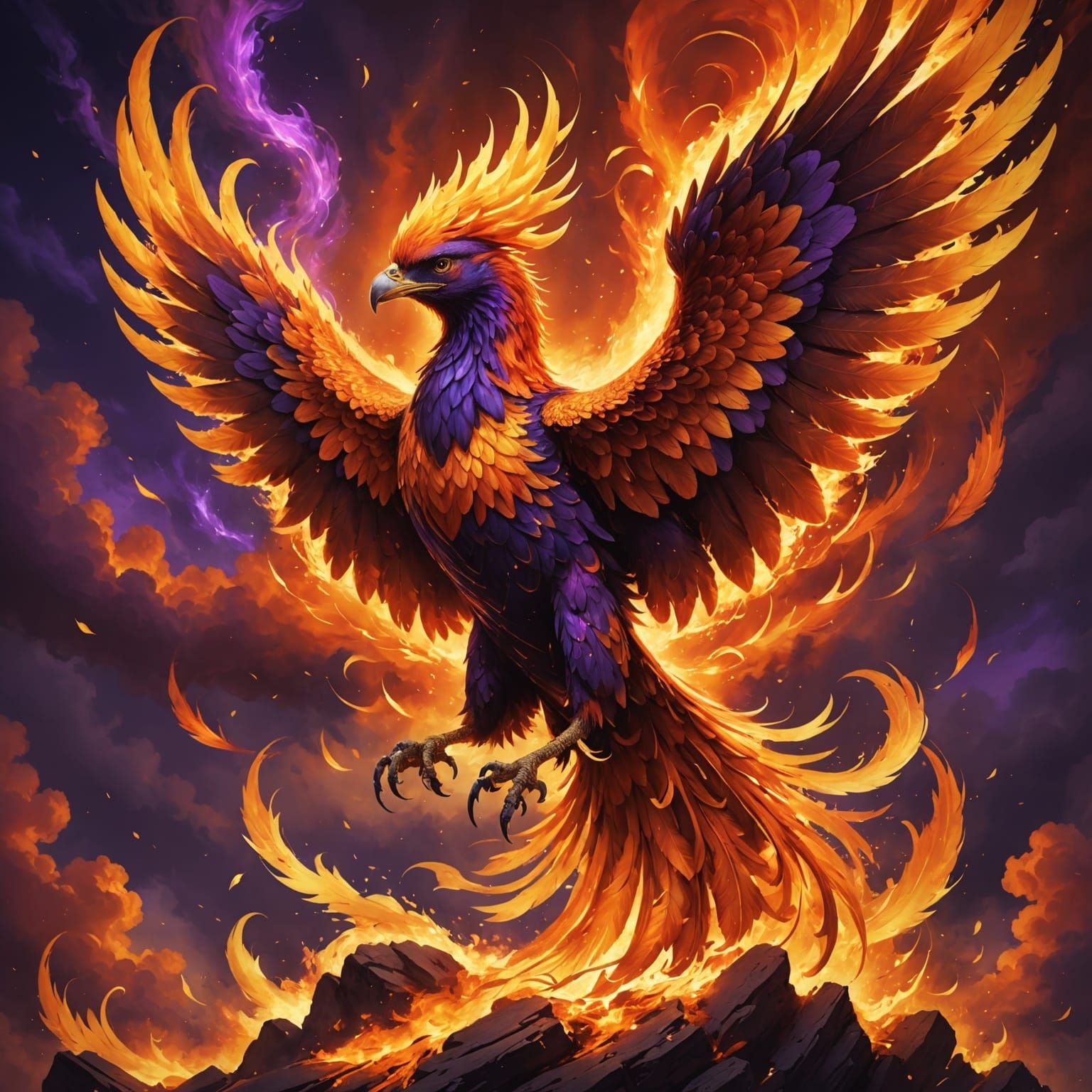 Majestic Phoenix Ascending in Fiery Celestial Scene