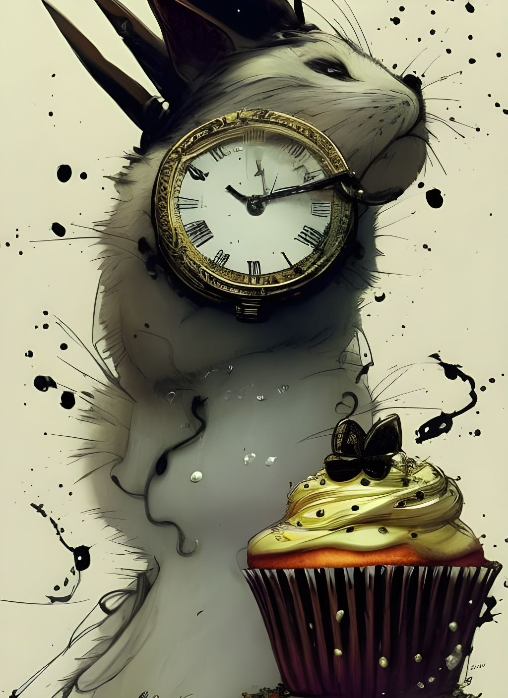 White Rabbit Winds Up Cupcake, Crayon Caricature