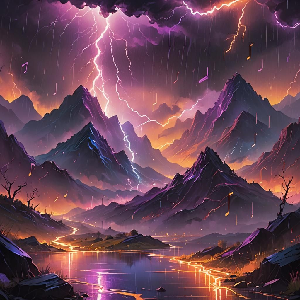 Neon Musical Storm in Fantasy Landscape