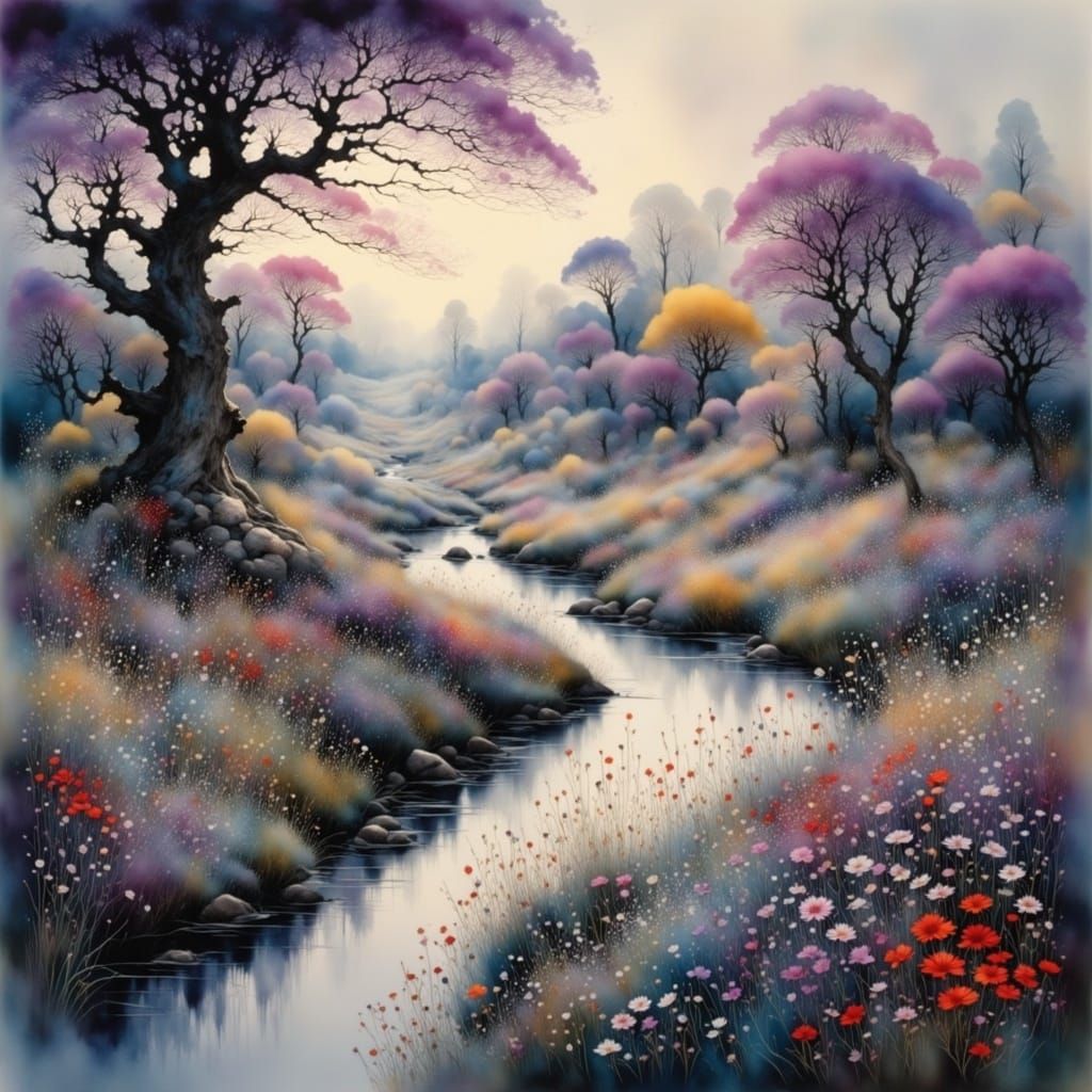 Enchanted Garden in Violet Light: Detailed Landscape