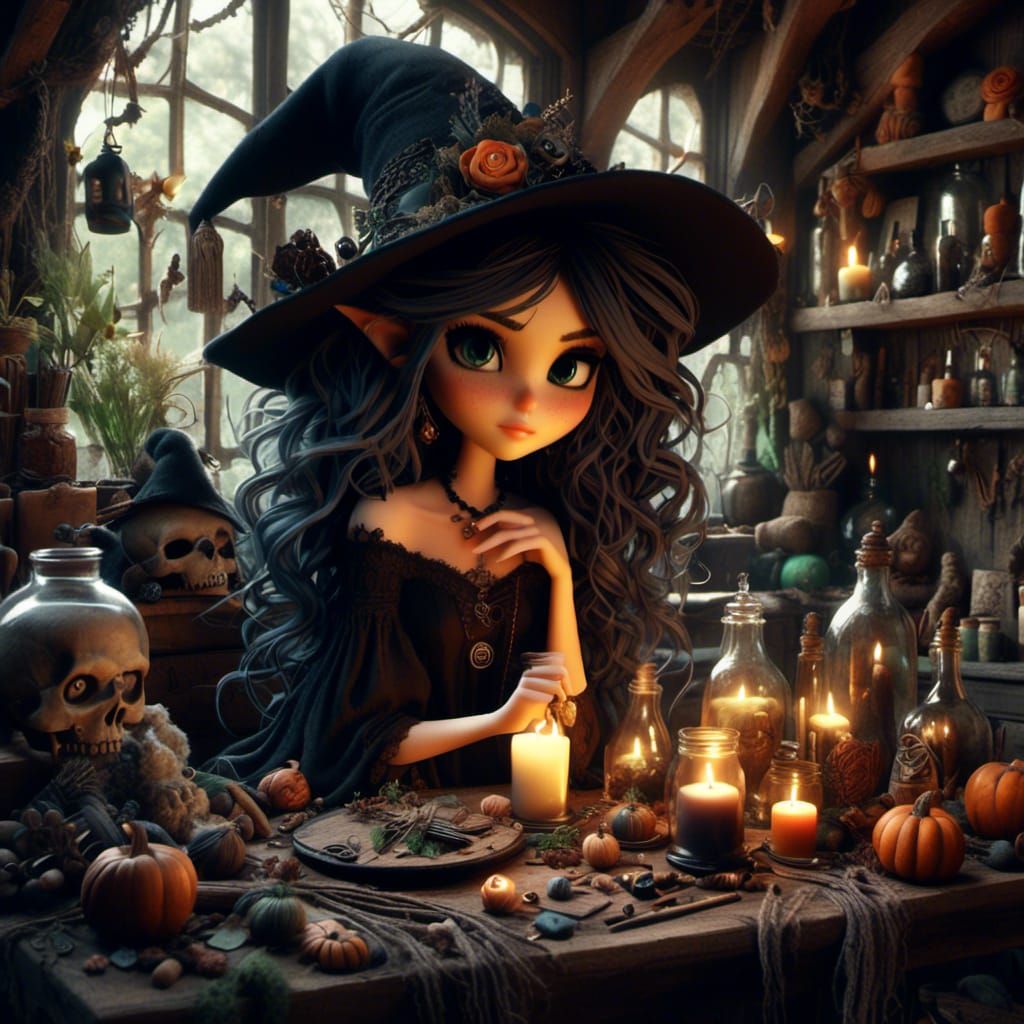 Beautiful Witch Brewing Potions in Cottagecore Style