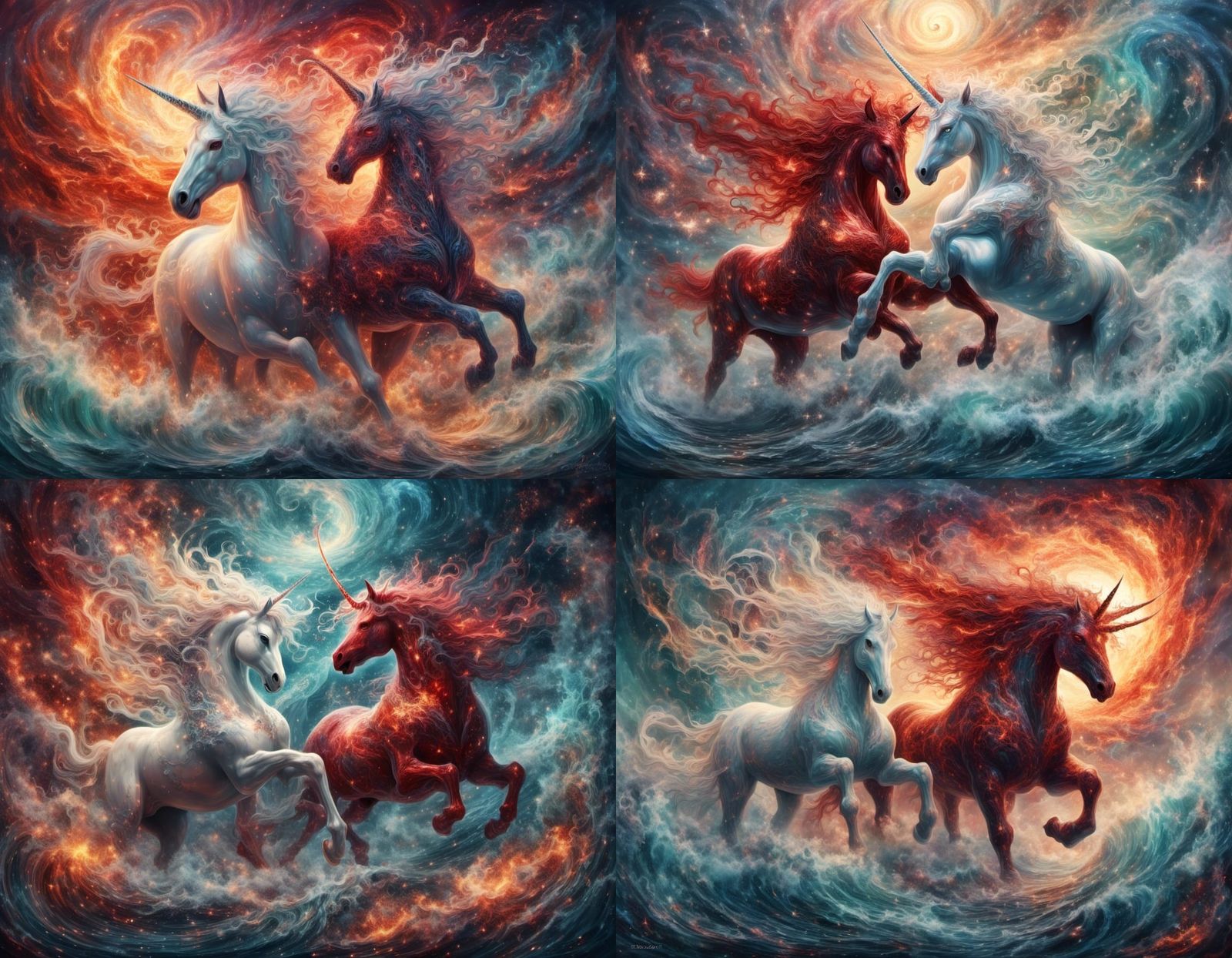 Fiery Bull vs White Unicorn in Cosmic Battle