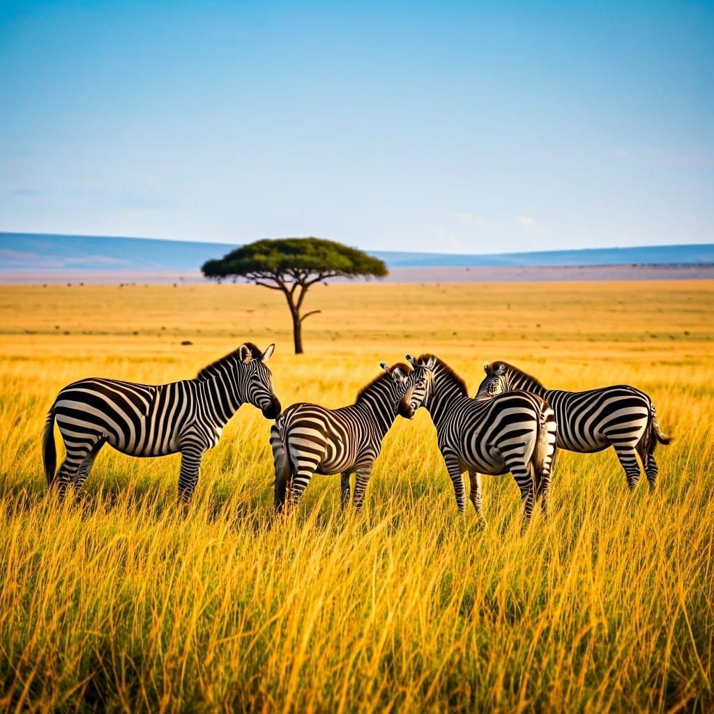 Serengeti Zebras in Sunlit Landscape with Rebellious Mid-Row...