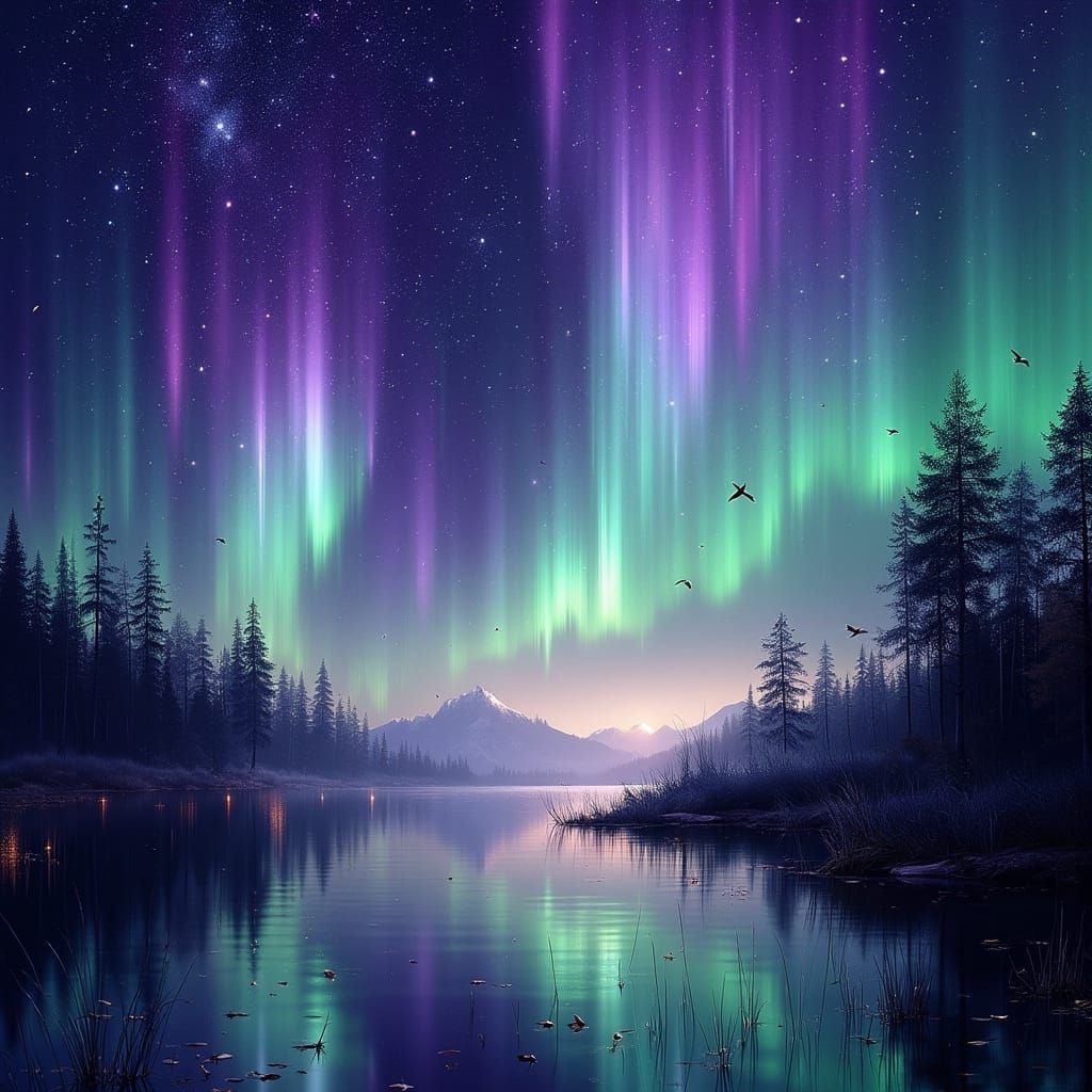 Mysterious Aurora Beasts and Birds in Purple and Green Light
