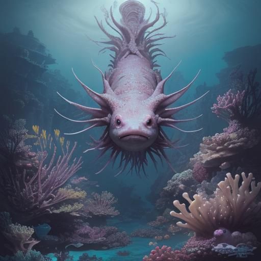 Axolotl Stalks Prey Underwater: Digital Matte Painting