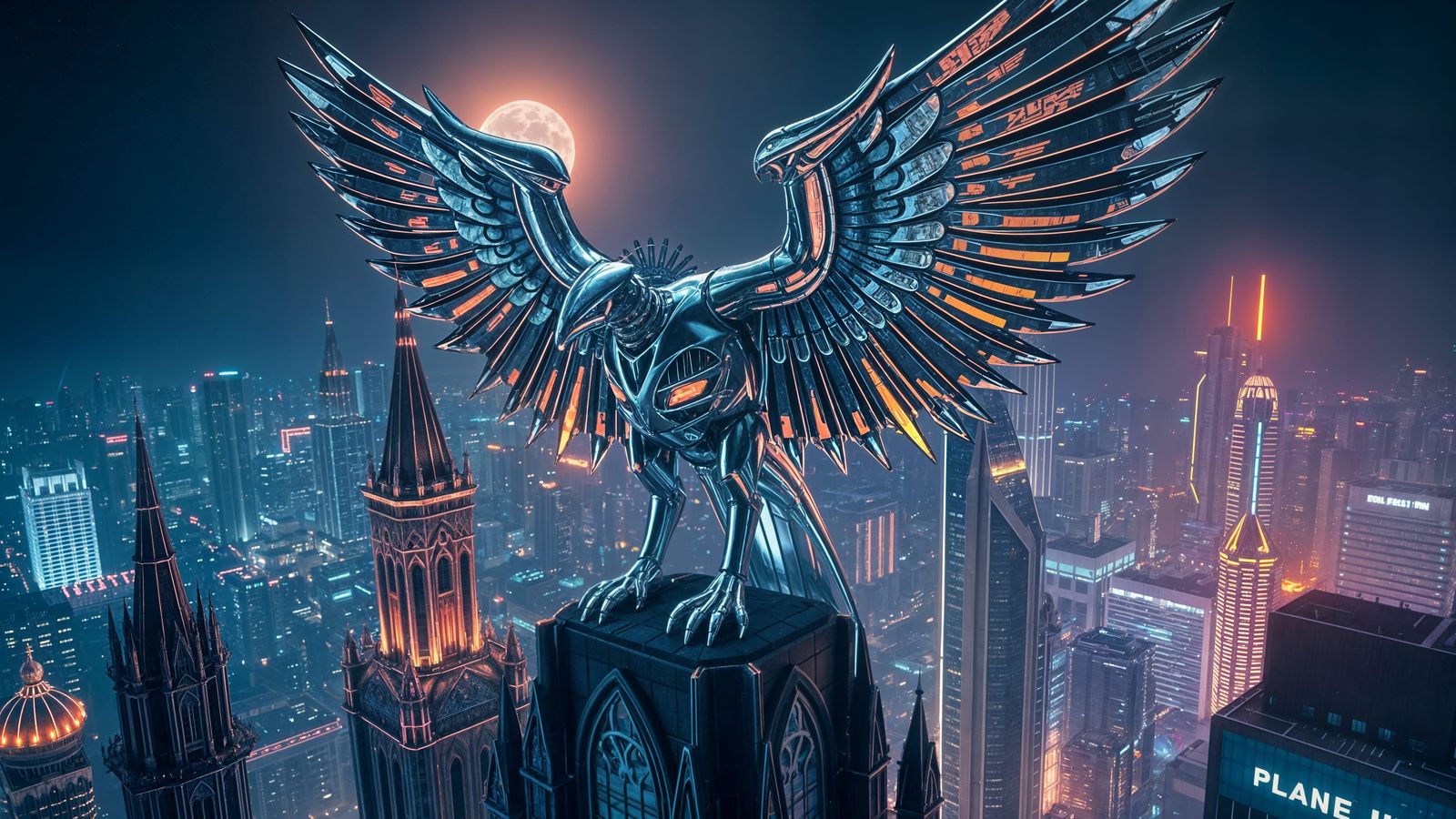 Chrome Griffin Perched Atop Futuristic Cathedral