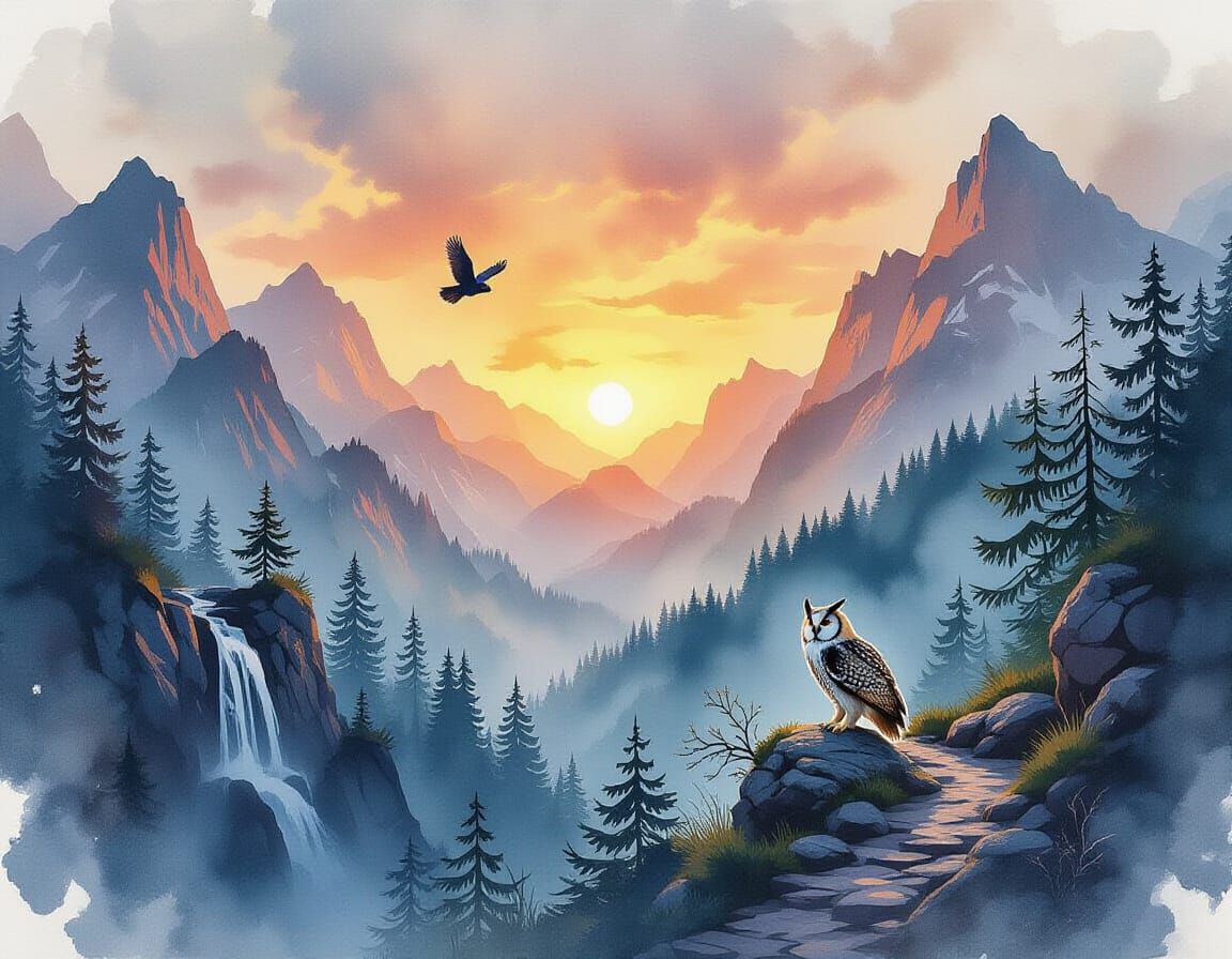 Majestic Eagle-Owl in Mountain Forest, Expressive Watercolou...