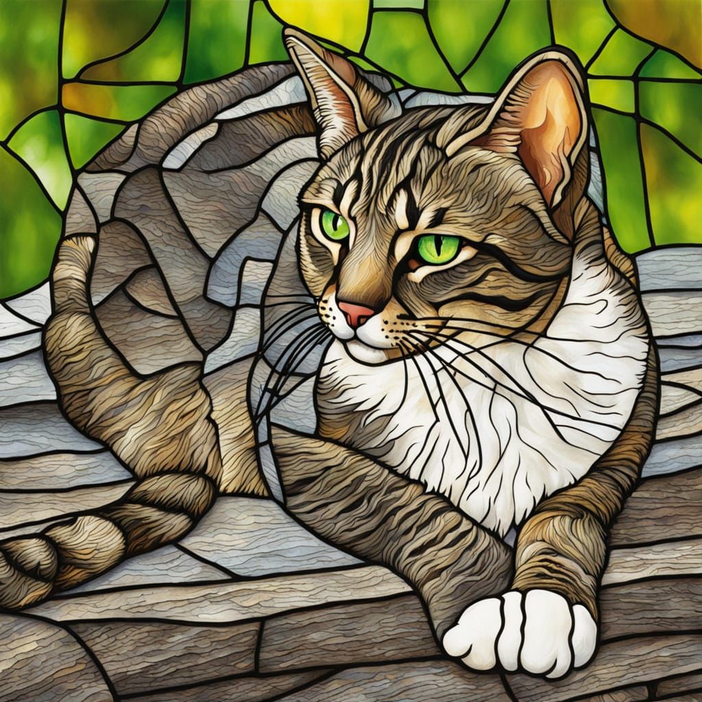 Stunning Stained Glass Tabby Cat Amidst a Fallen Tree