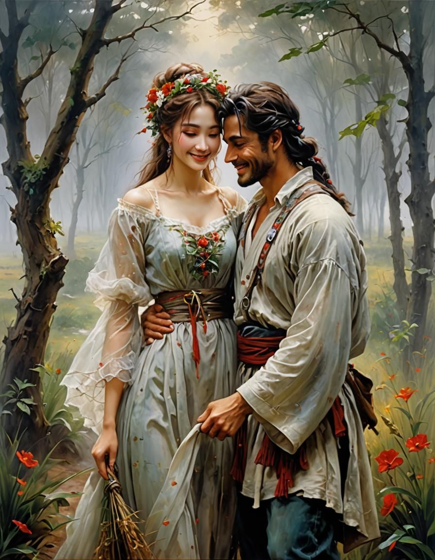 Romantic Couple in Fog, Oil Painting Style
