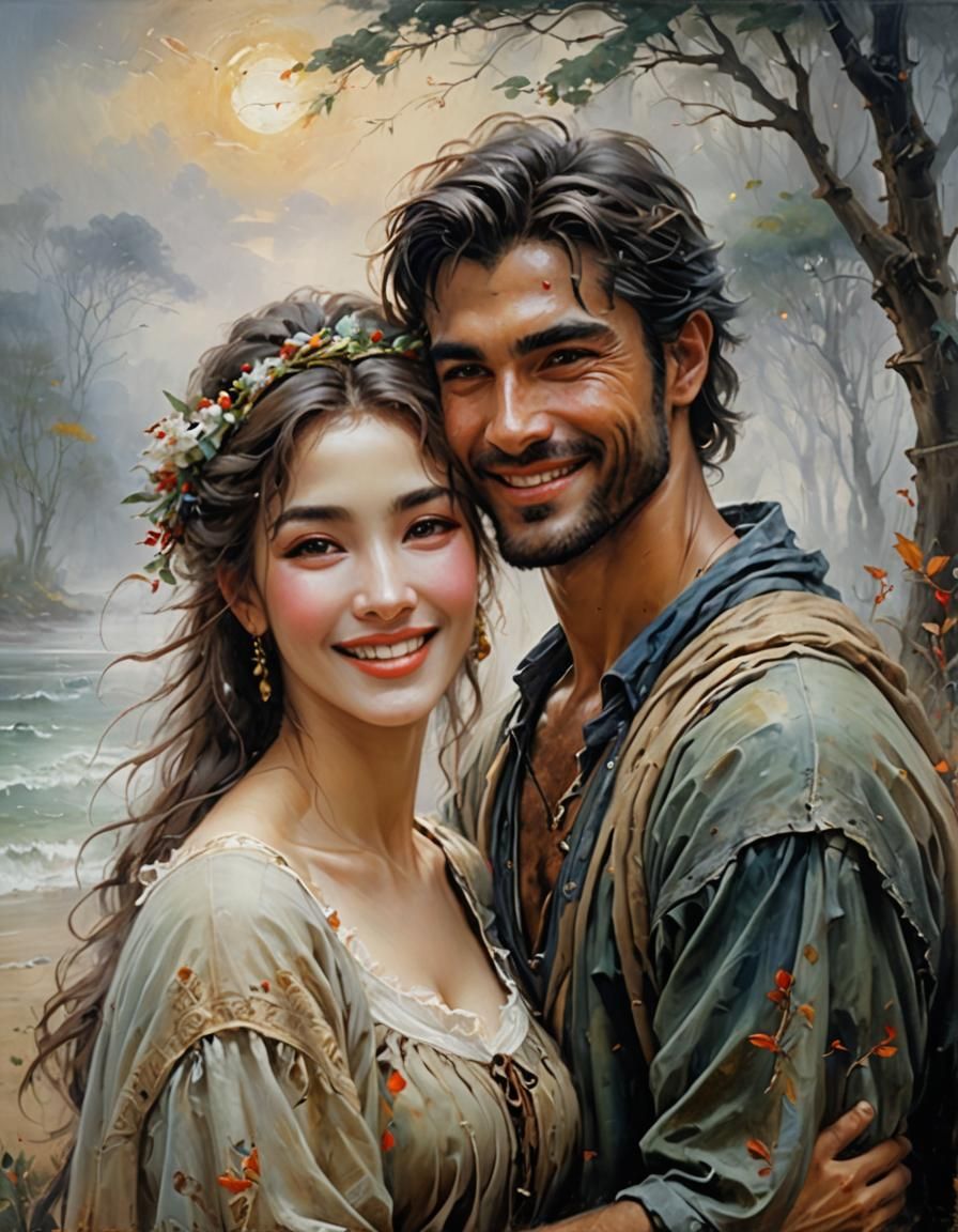 Romantic Couple Smiling in Fog, Oil Painting Style
