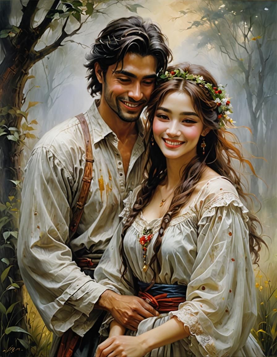 Romantic Couple Smiling in Fog, Oil Painting Style