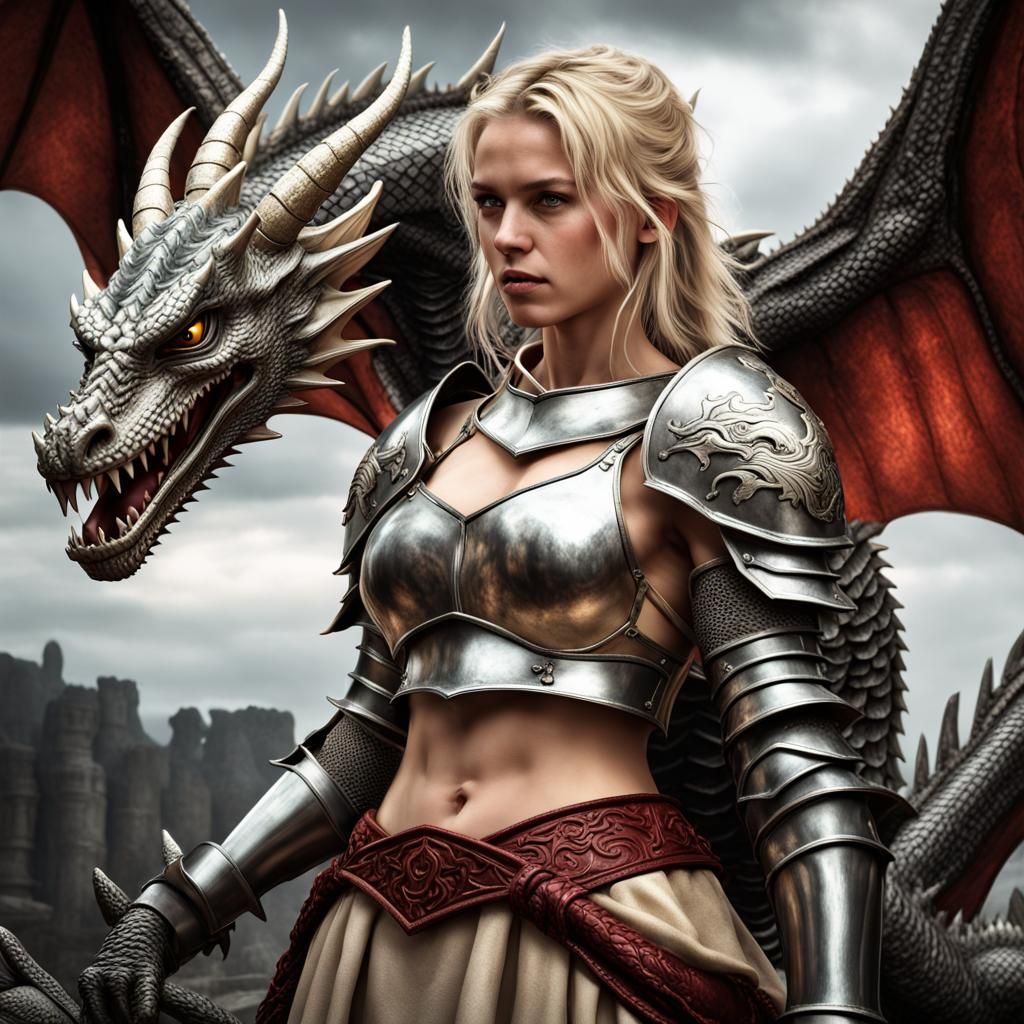 Female Knight with Dragon, Hyperrealistic Image