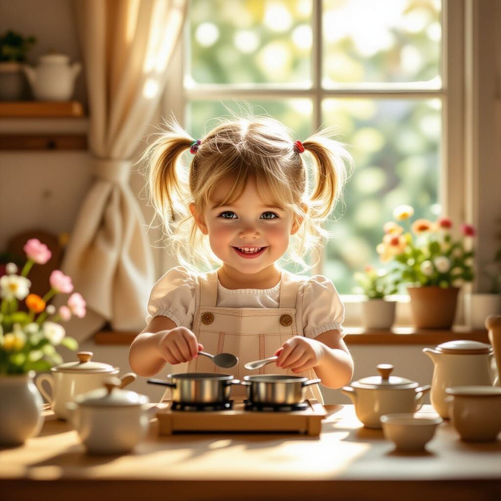 Joyful Girl Plays With Wooden Kitchen Set