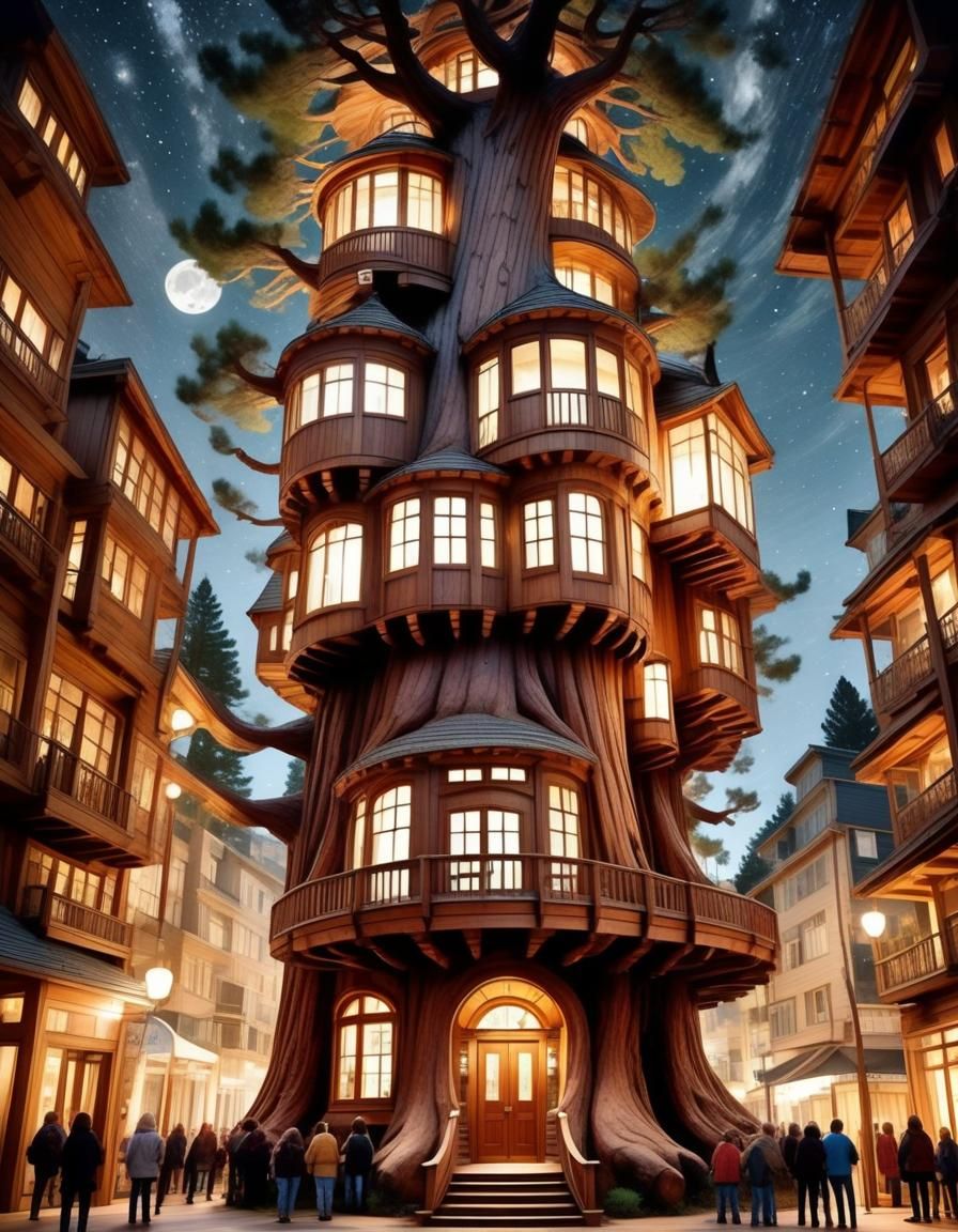 Futuristic Sequoia Treehouse under Starry Night