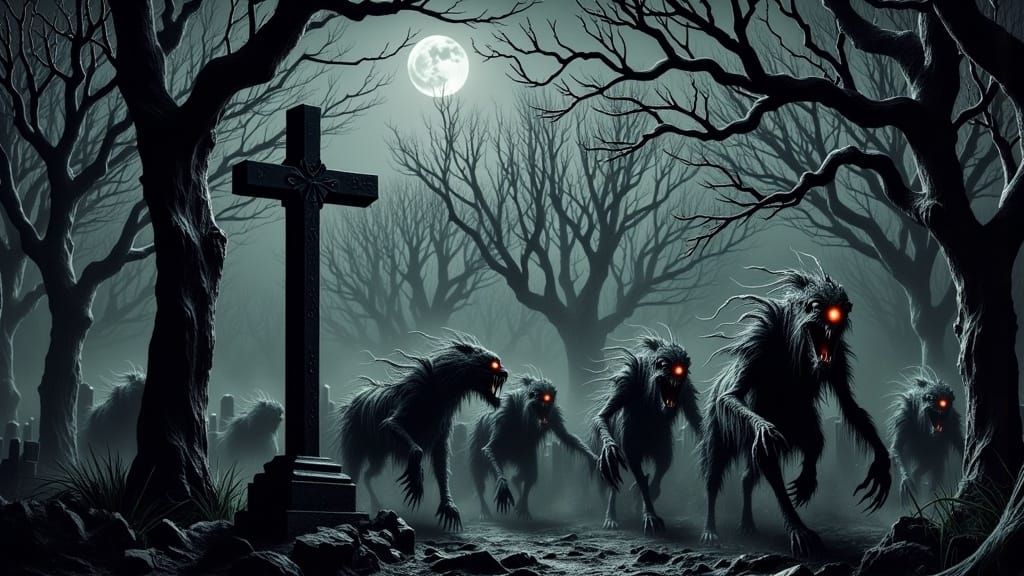 Ghoulish Pack Hunting in Cemetery, Gothic Fantasy Art