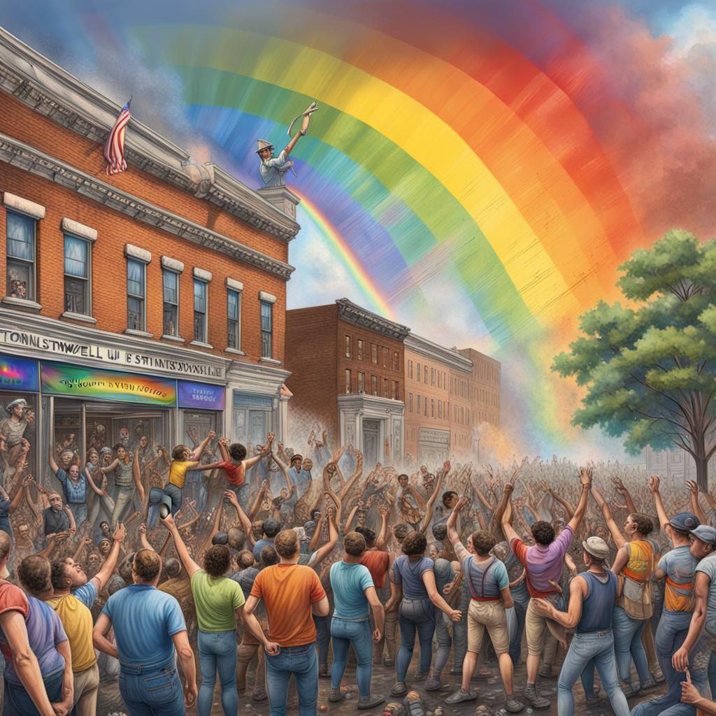 Stonewall Uprising Protest Under a Rainbow Sky