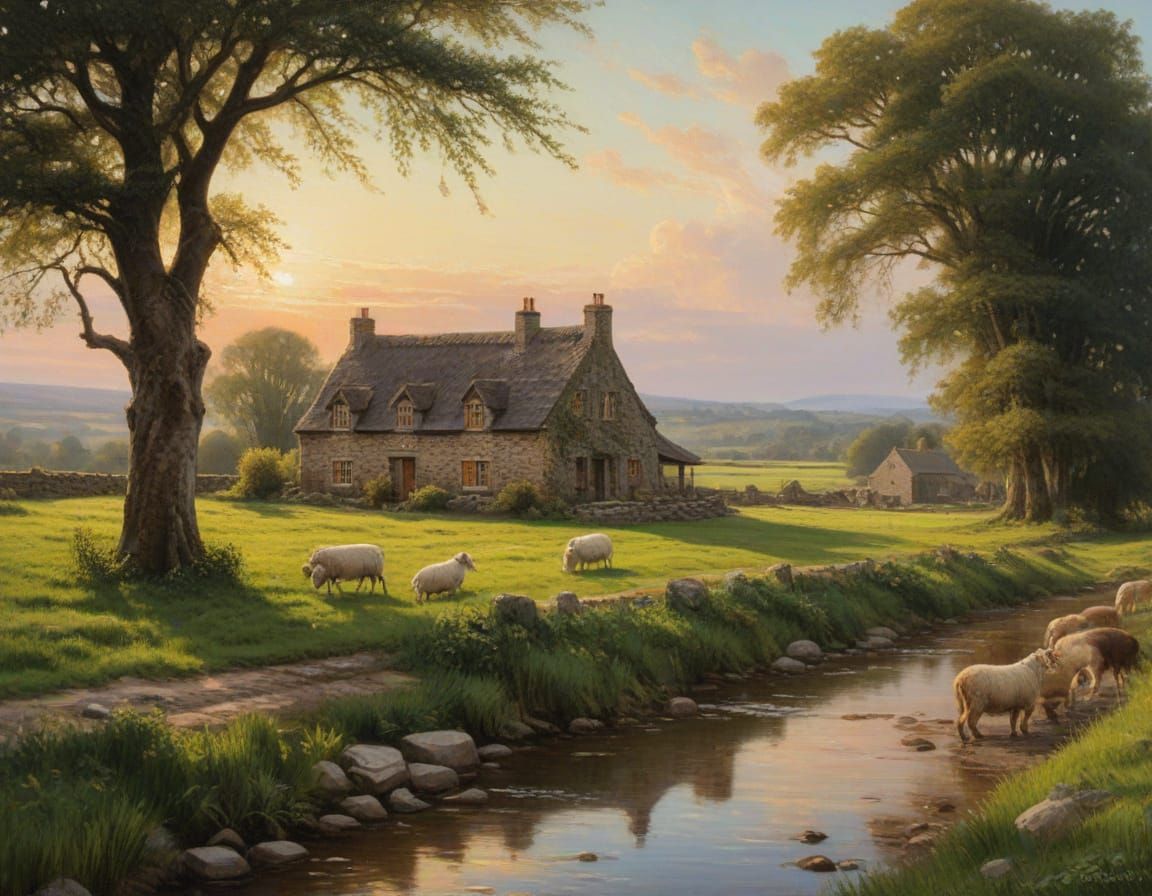 Impressionistic Irish Farm Landscape in Golden Hour