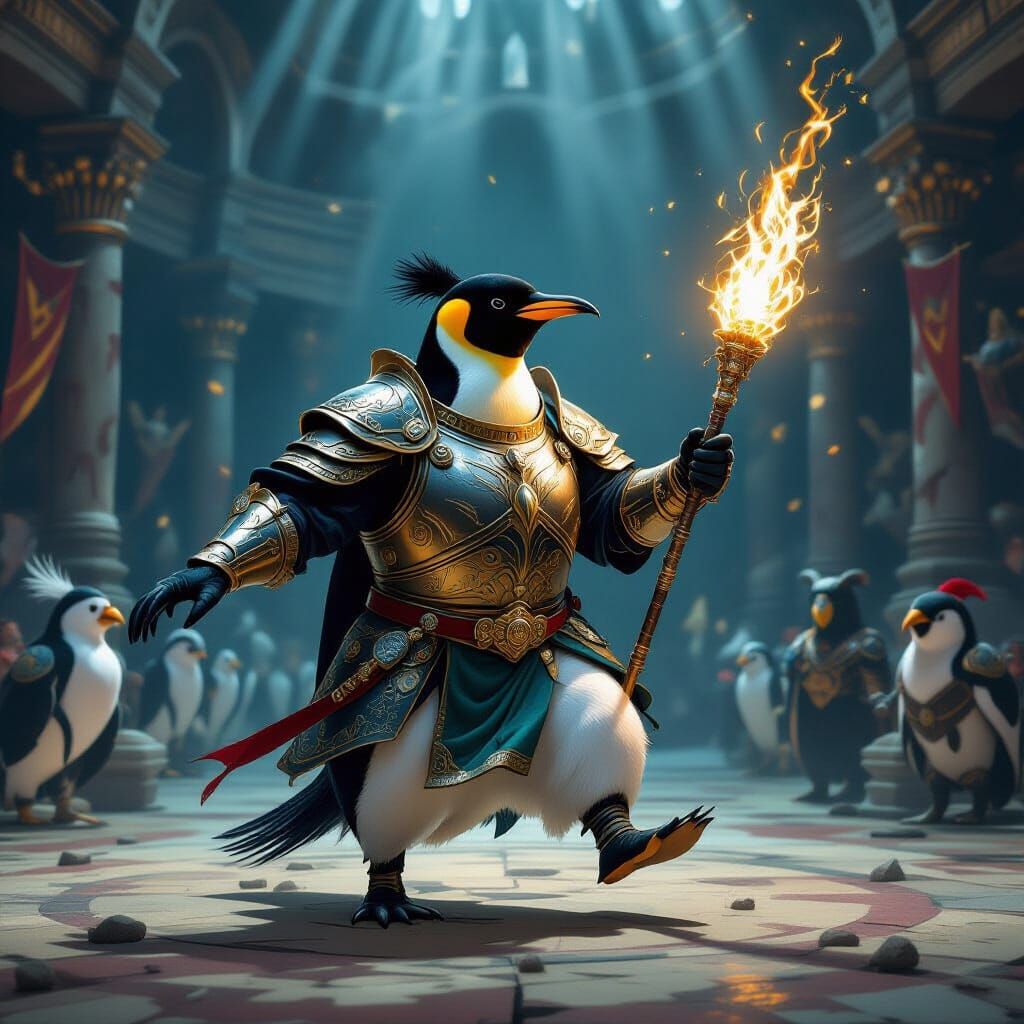 Regal Penguin Athlete in Dark Fantasy Arena