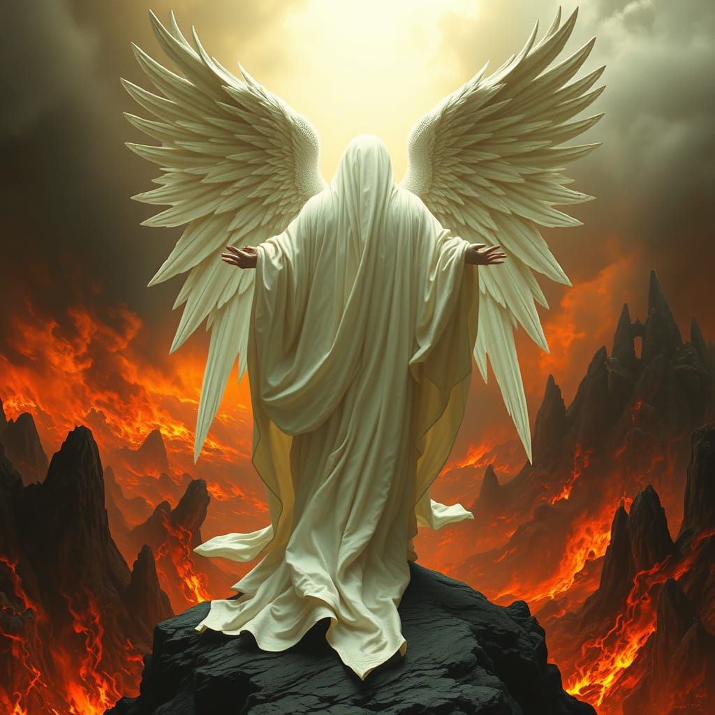 Heavenly Figure Contemplates Apocalyptic Hellscape