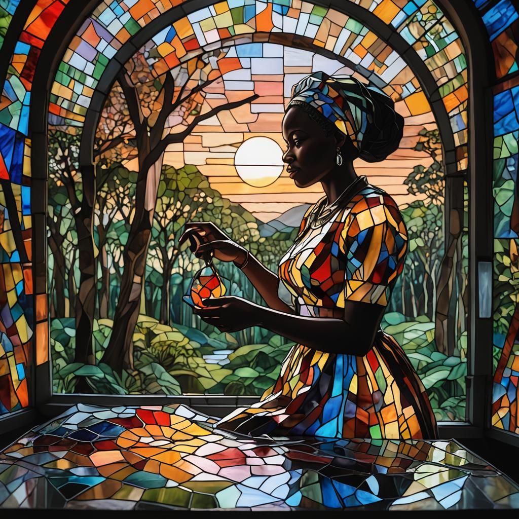 Stained Glass Figure in Forest Sunrise, Surreal Photography