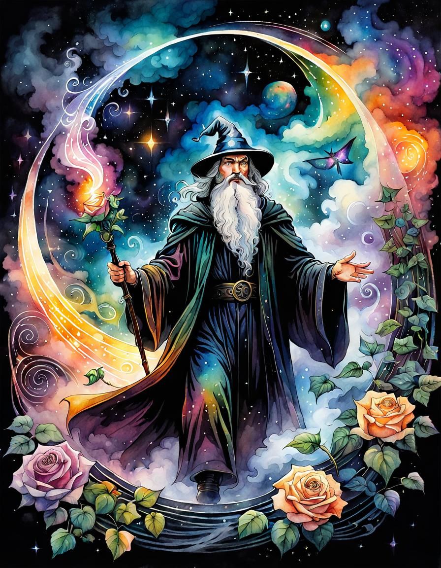 Wizard in Infinite Universe: Watercolor Digital Art