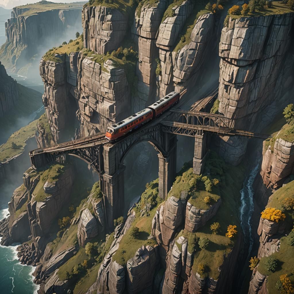 Train going over the cliff, Bridge is out. Unreal Engine art...