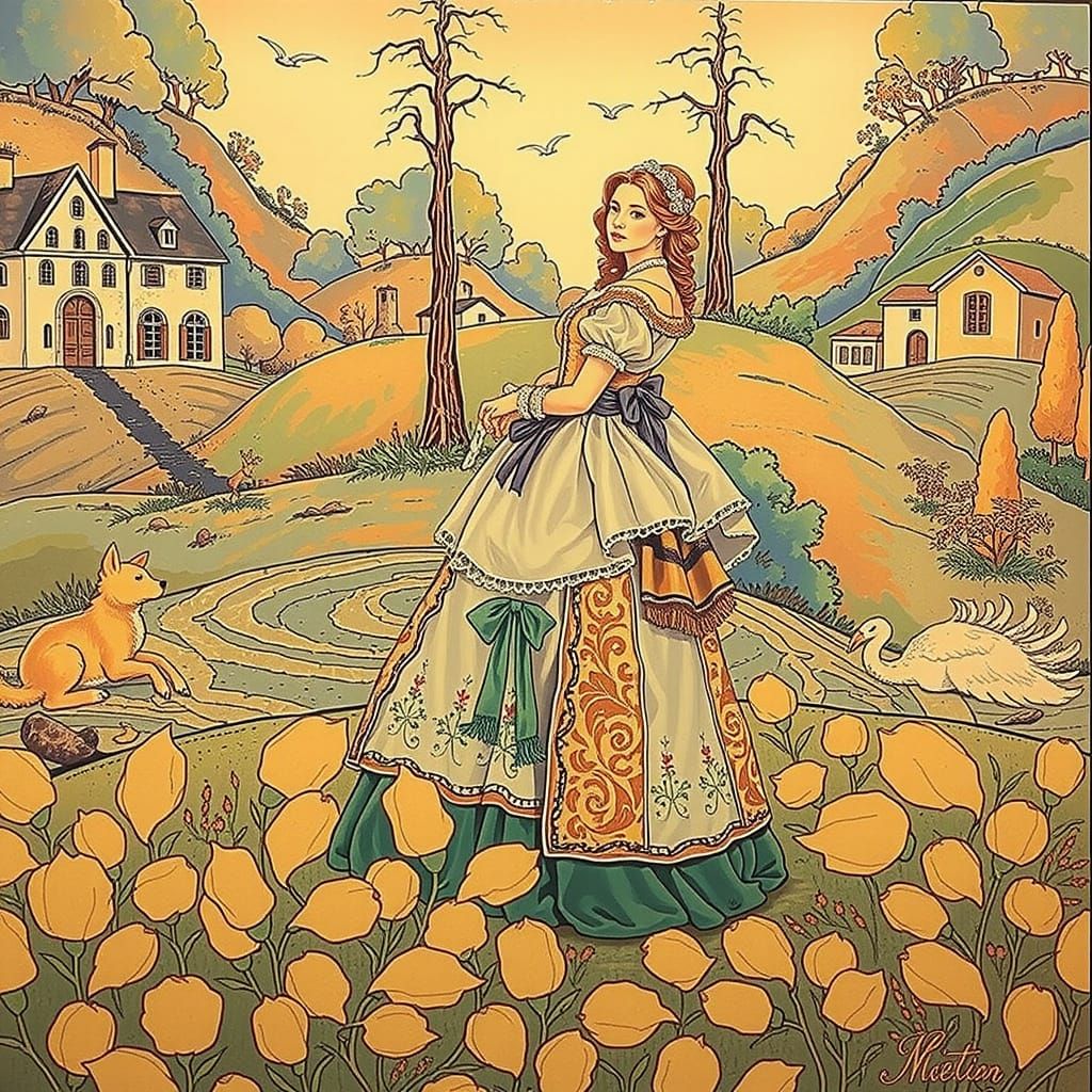 French Countryside Figure in Ornate Antique Clothing