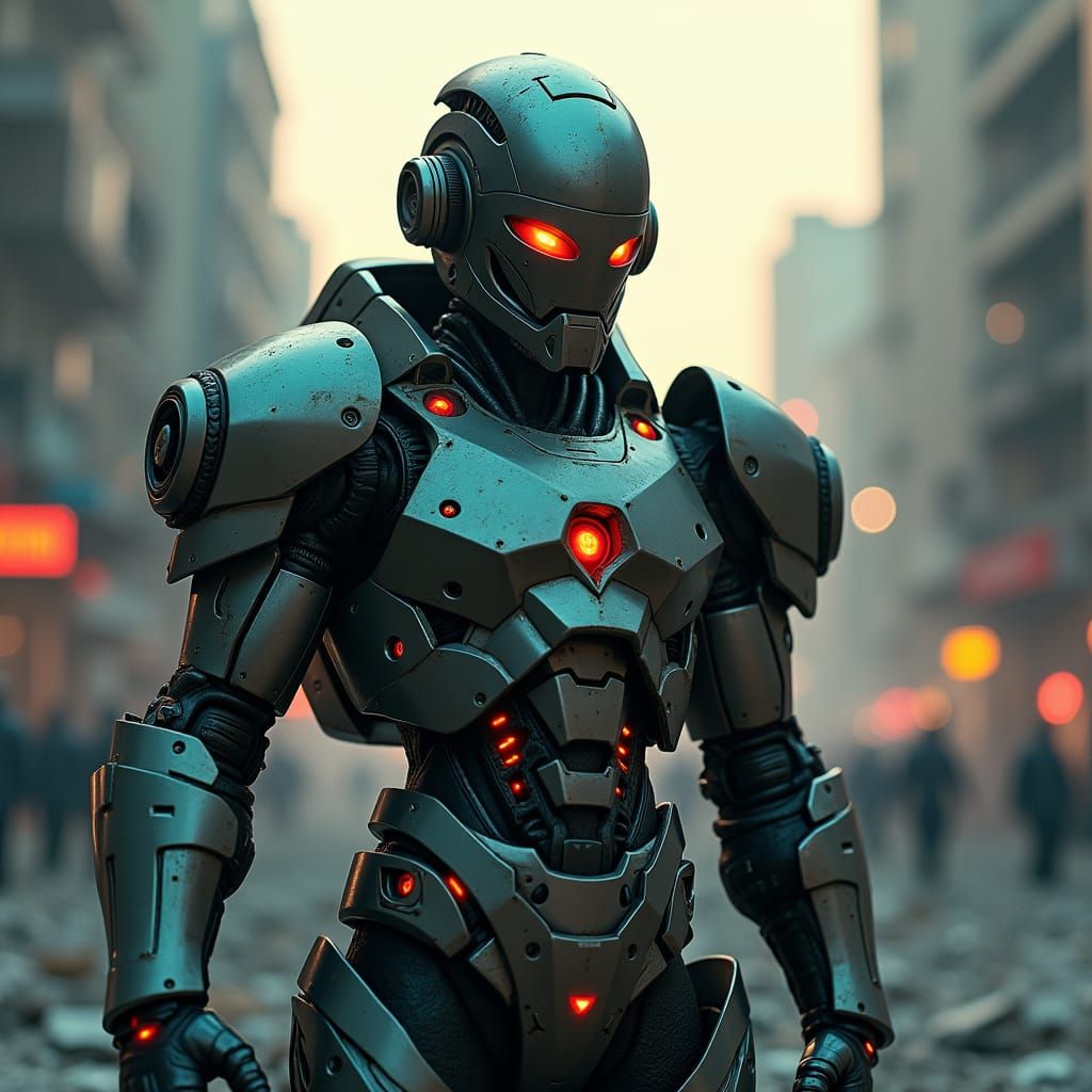 Cyborg Warrior in Ruined Cityscape: Cyberpunk Hero