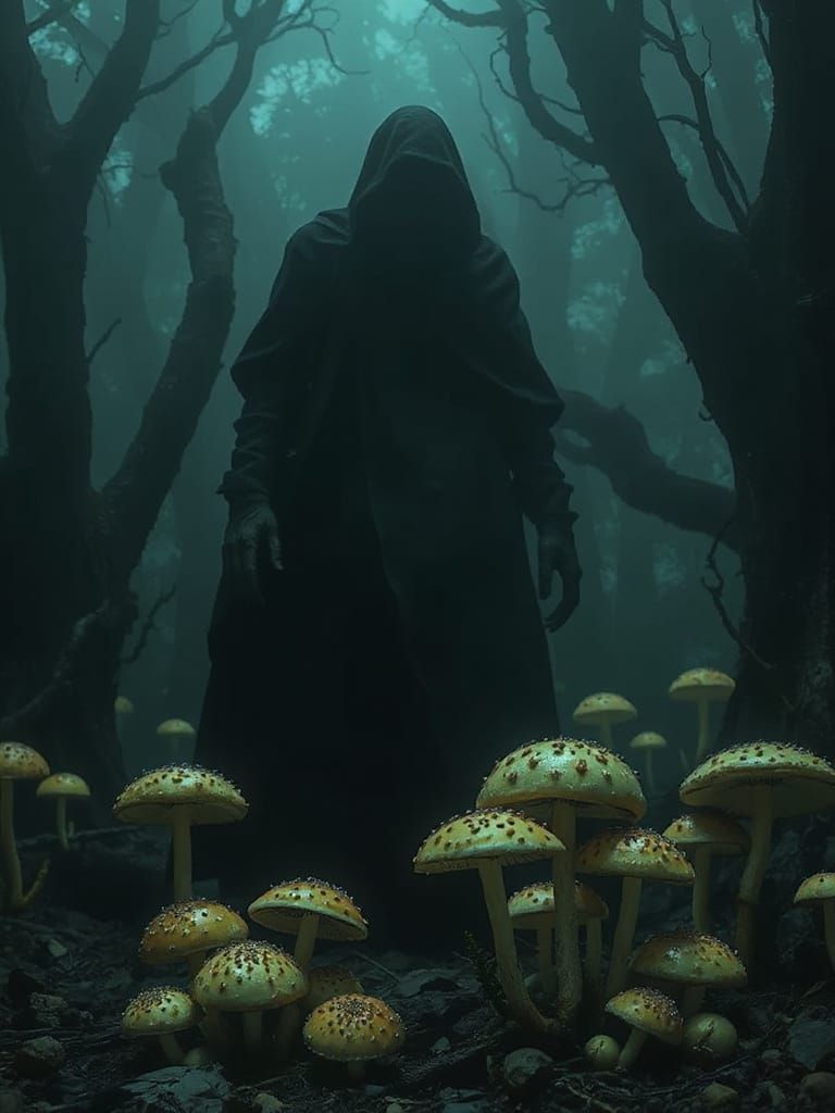 Biomechanical Horror Figure in a Haunting, Shadowy Environme...