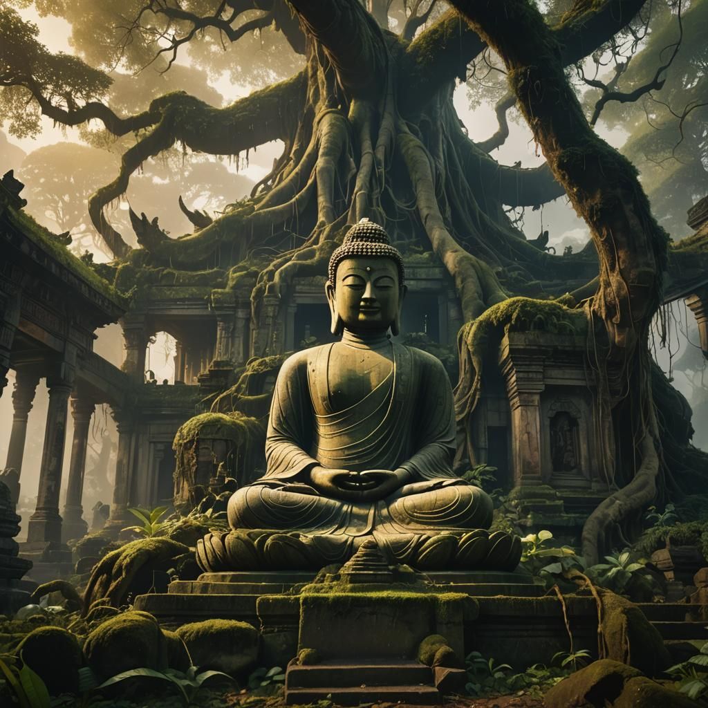 Forgotten Temple: Buddha Statue Amidst Ruins