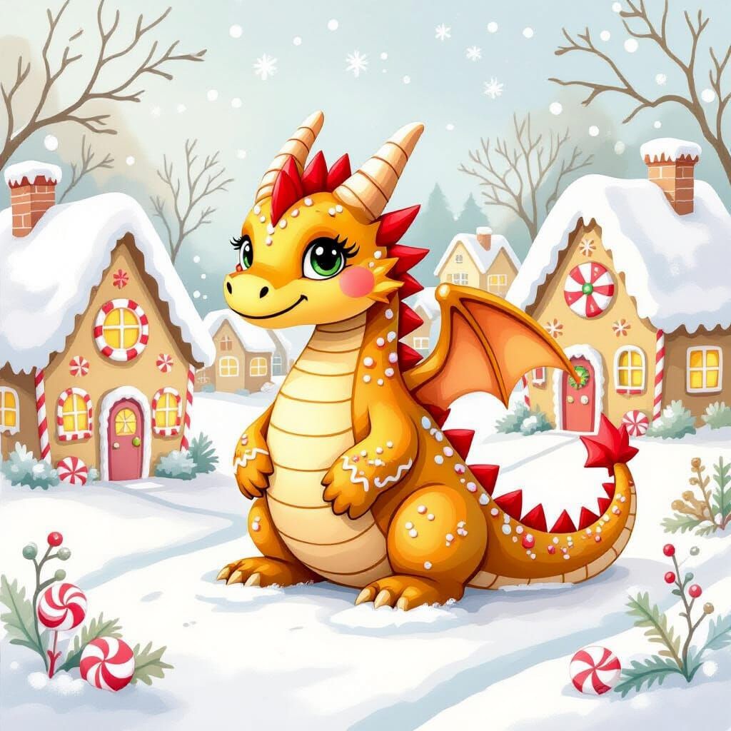 Gingerbread Dragon in Watercolor Village