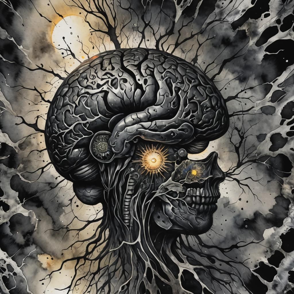 Surreal Brain Interior with Dark Sun, Watercolor Style