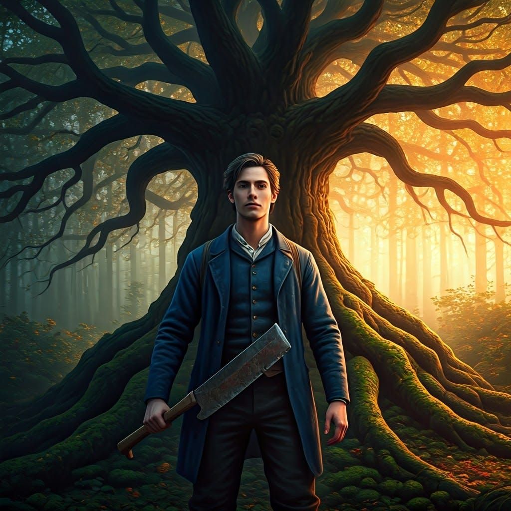Man with Tree Cutter in Hyperrealistic Forest
