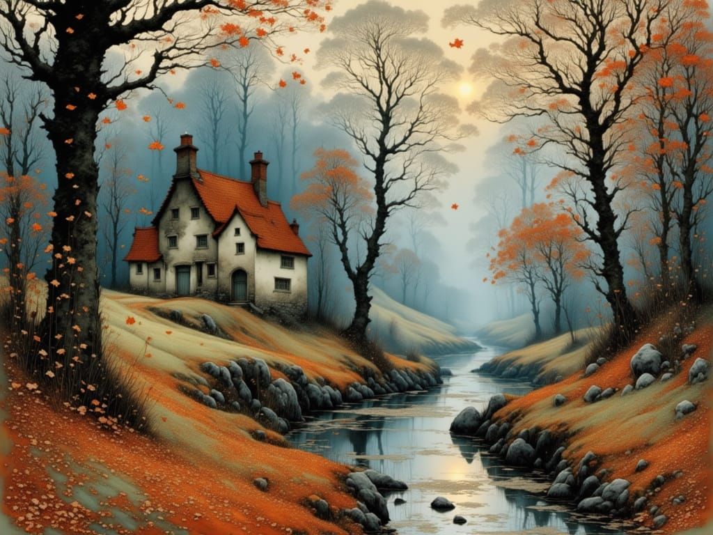 Mysterious Autumn Frost Scene with Falling Leaves