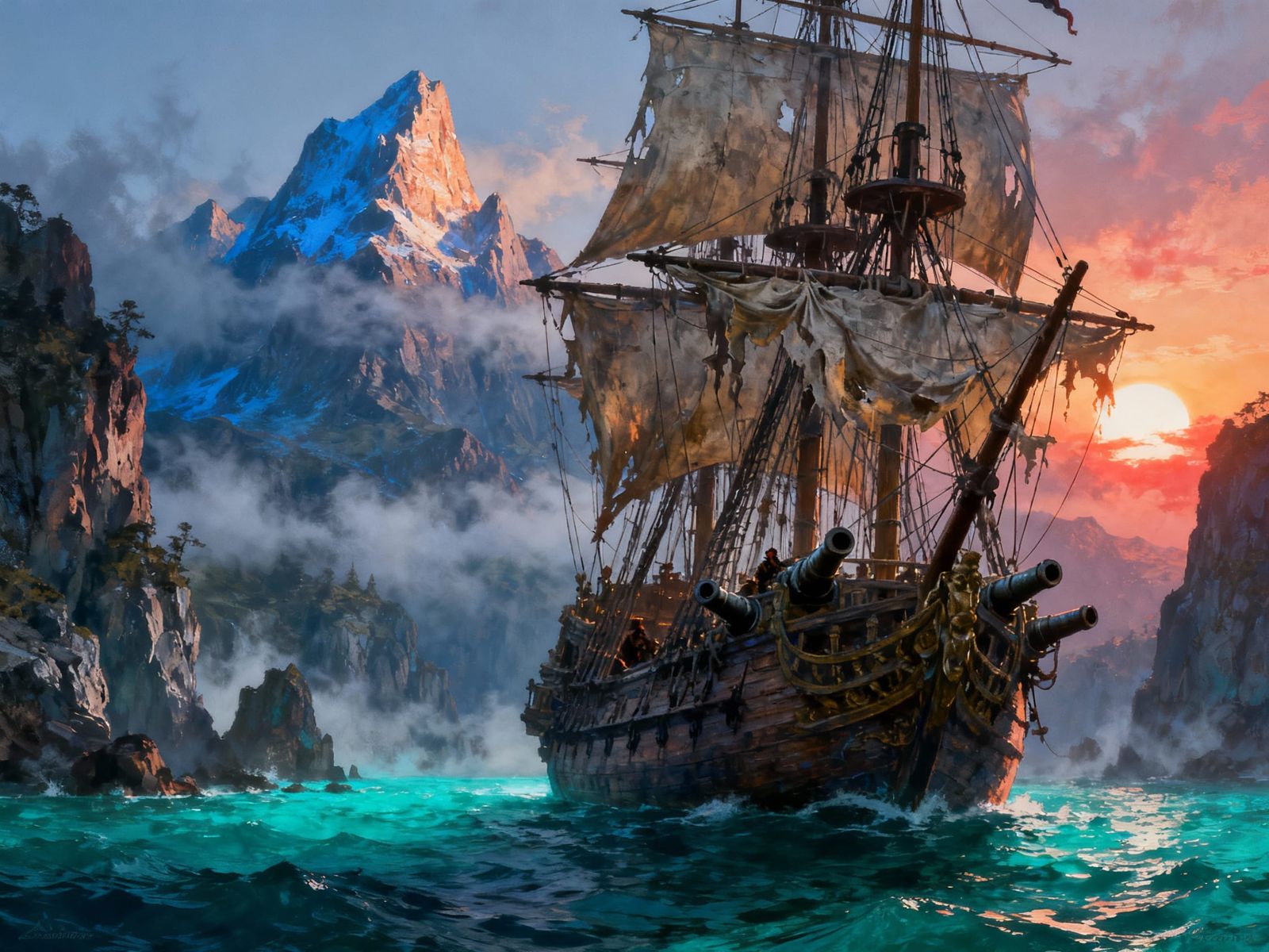 Epic Fantasy Pirate Ship in Secluded Cove at Sunset