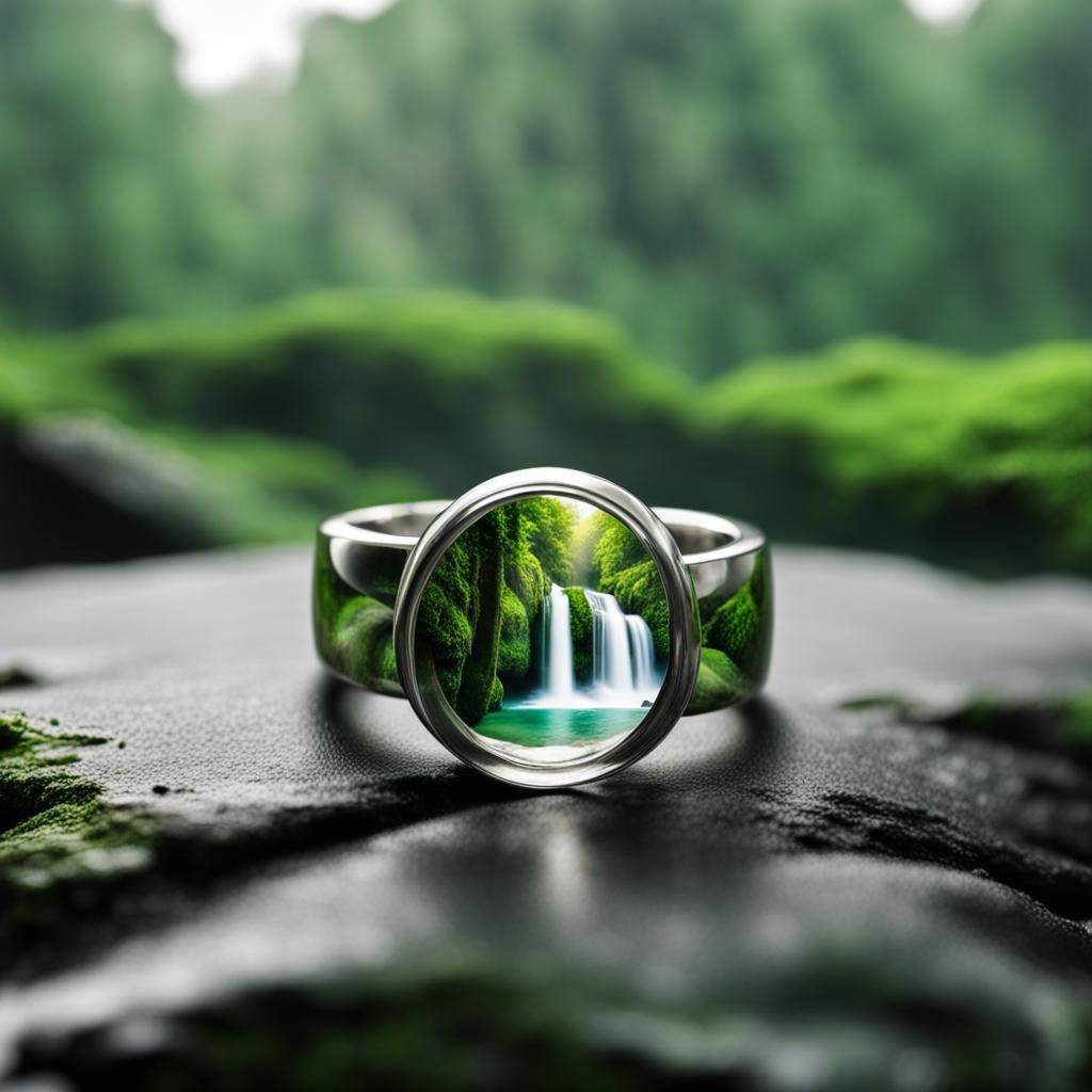 Vibrant Forest and Waterfall Inside Clear Ring
