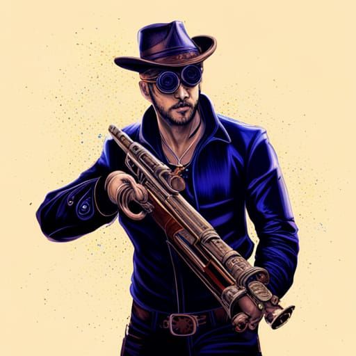 Steampunk Cowboy with Futuristic Gun in Splash Art