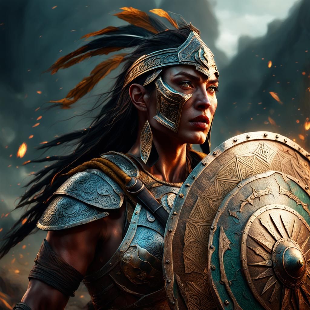 Amazon Warrior on Battlefield: Hyperrealistic Fantasy Art