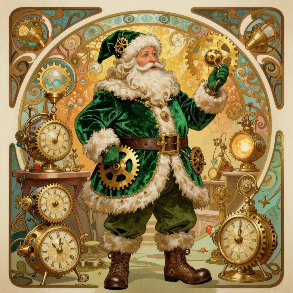 A Green Steampunk Santa Clause done in green Art Nouveau.