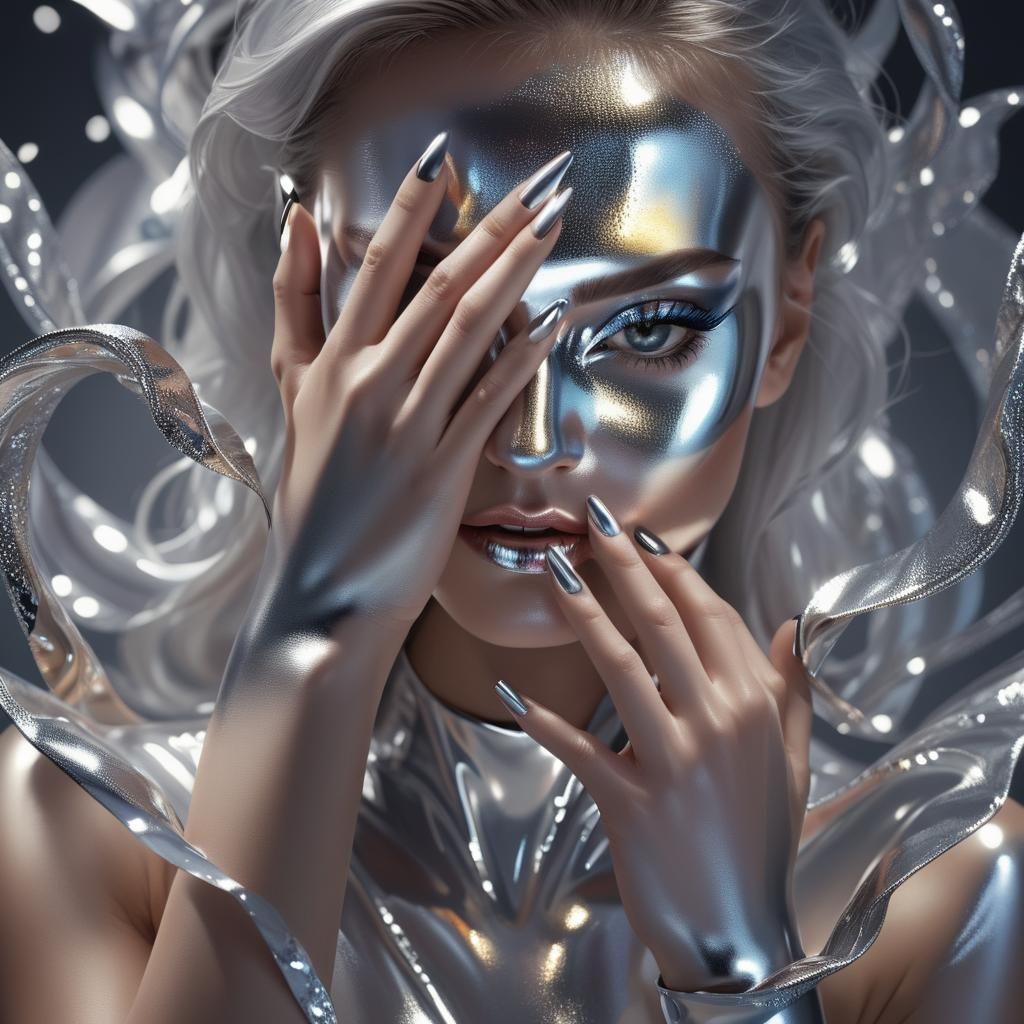 Metallic Woman with Reflective Skin in Hyperrealism
