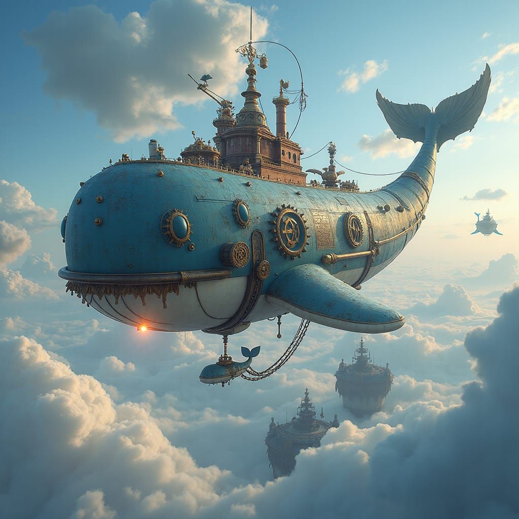 Steampunk Whale Airship Soaring Through Fantasy Sky