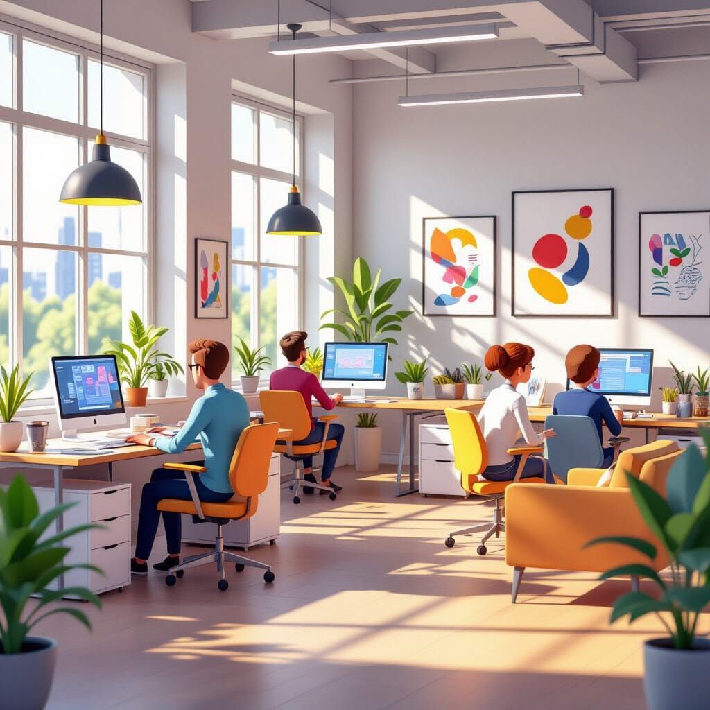 Modern Open-Space Office in Animated Cartoon Style