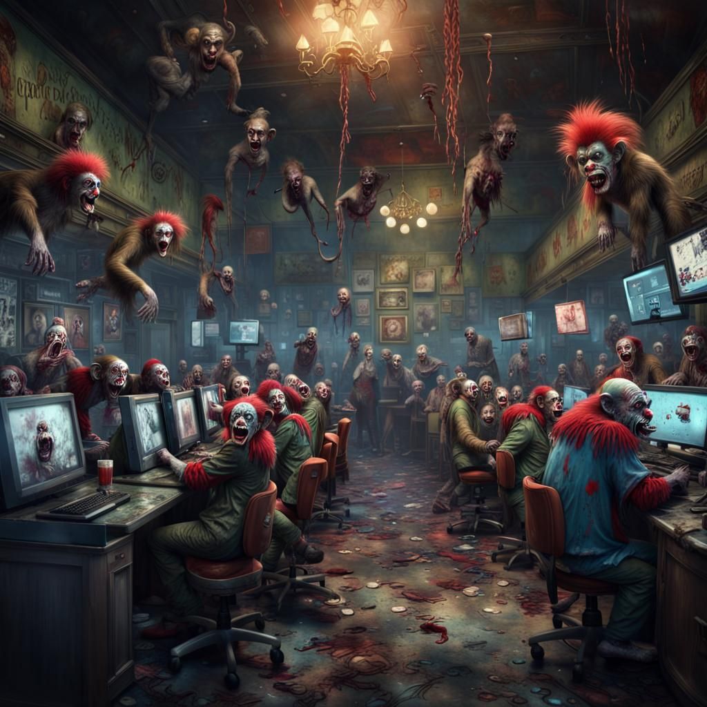 Zombie Monkey Monster Clowns in Internet Cafe