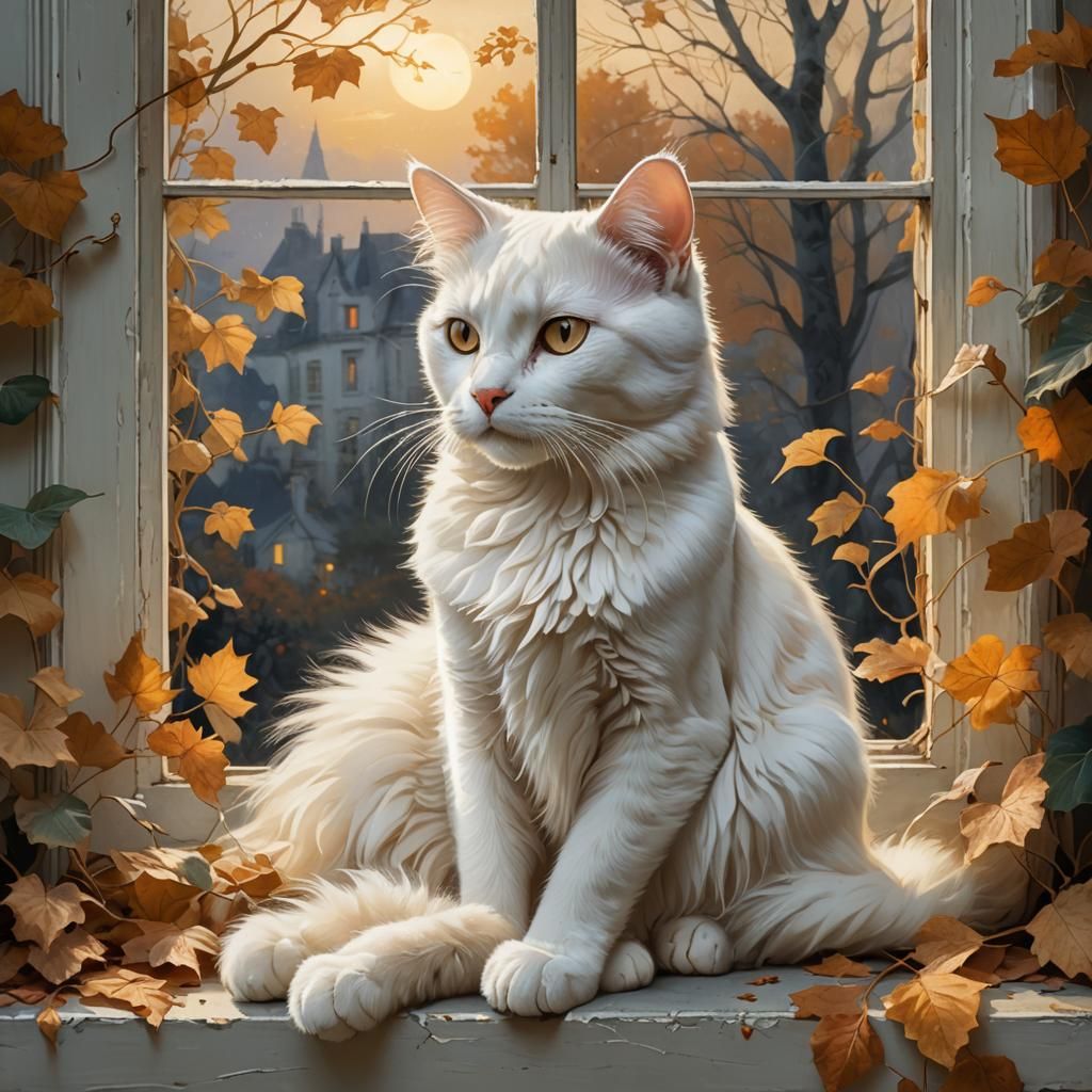 White Cat in Autumn Dusk: French Art Nouveau Style