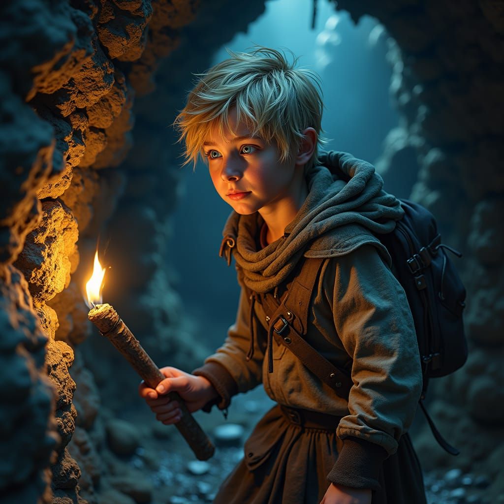 Young Adventurer Exploring Dark Cave: Fantasy Concept Art