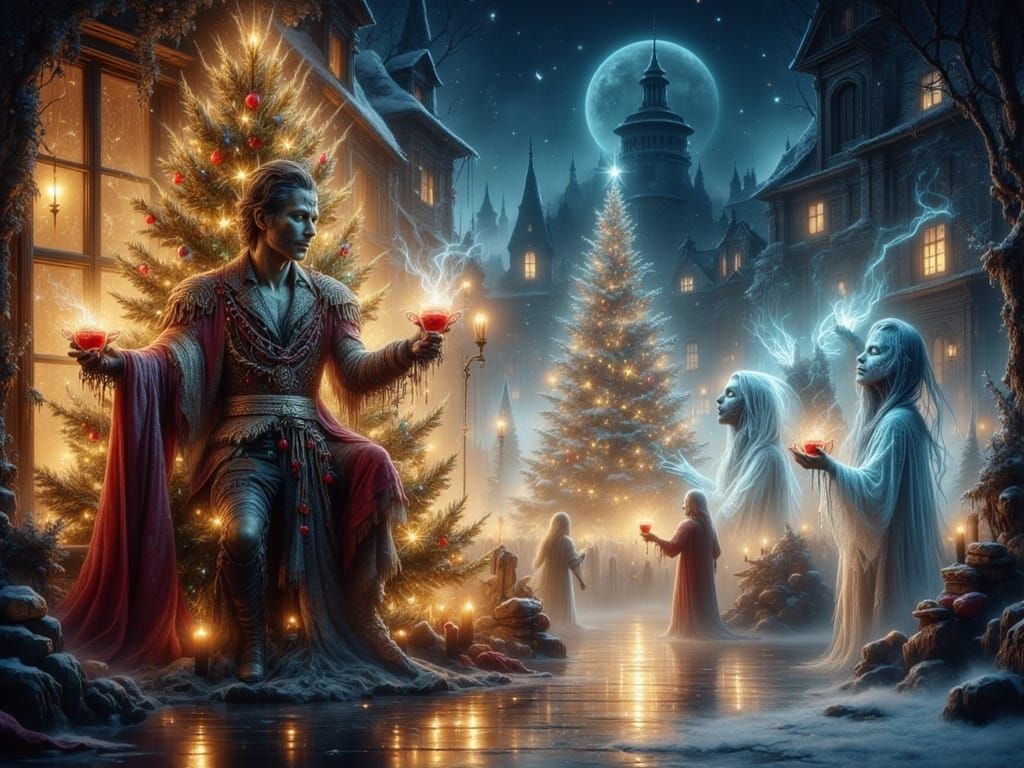 Whimsical Christmas Scene with Ghostly Figures